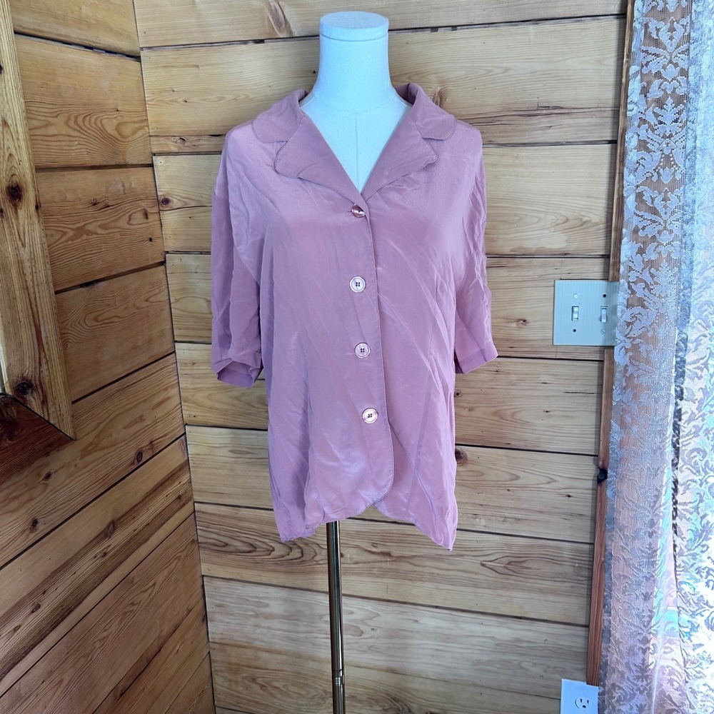 Vintage Silk Blouse Womens Large Mauve Pink Camp Collar Short Sleeve Tie Rack